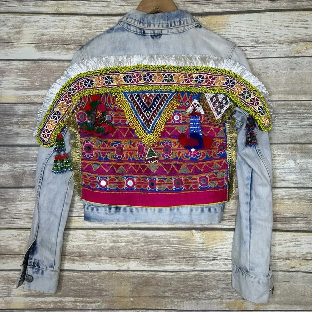Intricate BoHo Kuchi tribe beaded mirrored ethnic folk art jacket M